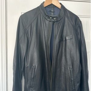Stylish black leather, lightweight jacket. Excellent condition.